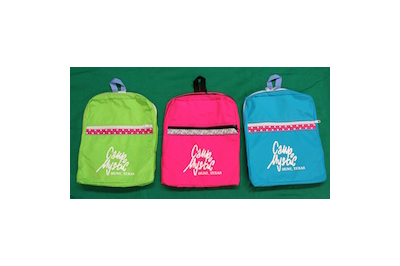 Back Pack - $20.00  3 Choices: Lime green with pink polka-dot ribbon border, turquoise with pink polka-dot ribbon border, or hot pink with zebra print ribbon border.