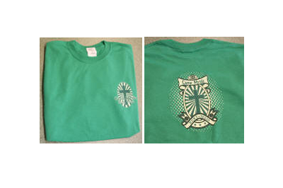 “Camp  Mystic” T-Shirt DISCOUNTED - $10.00   Kelly green shirt with small design on front left; large cross design on the back.  (Youth Small Available)