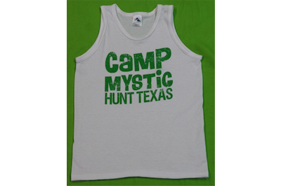 Camp Mystic Tank Top – $12.00 White tank with “CAMP MYSTIC HUNT TEXAS” in Kelly green on front Adult Sizes Only