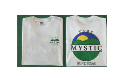 “Camp  Mystic” T-Shirt DISCOUNTED - $10.00   Kelly green shirt with small design on front left; large cross design on the back.  (Youth Small Available)