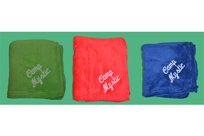 NEW! Fleece Throw Blanket - $22.00 Green, red or blue fleece throw embroidered w/ “CAMP MYSTIC”.