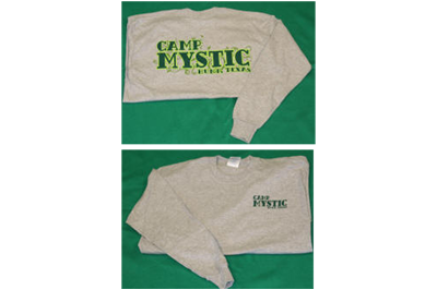 Long-Sleeved “Camp Mystic” T-Shirt - $15.00 Grey long-sleeved shirt with small design on front; large “Camp Mystic” design on the back.