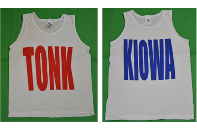 Tribe Tank Top - $12.00  (White tank with large “TONK” in red or large “KIOWA” in blue on front. Youth Small available.)